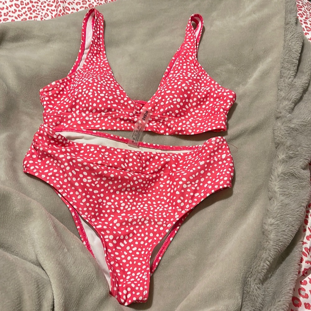 SHEIN Hot pink polka dot v neck high waist bikini set large